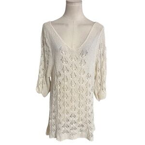 Crochet Knit Sweater Cream Ivory Boho Featival Concert Cottagecore L Blue Pepper